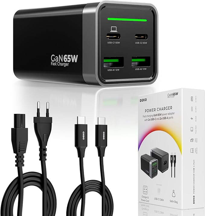 DEKO Ładowarka DESKTOP 65W GaN Fast - 2x USB-C 2x USB-A (DC654P2C2ABA) - Szybkie ładowanie do czterech urządzeń. Lekka konstrukcja, 65W mocy. Idealna do podróży i pracy. Zestaw z kablem w komplecie.