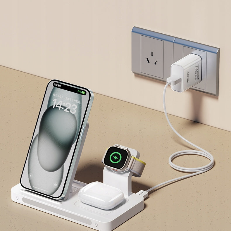 PISEN Ładowarka Magsafe Station - Bezprzewodowa stacja ładująca 3w1 Biała (XY-C56W) - Wireless Charger 3in1 Pisen to idealne rozwiązanie dla osób ceniących funkcjonalność i nowoczesny design. Posiada wbudowaną nocną lampkę z regulacją jasności oraz składa