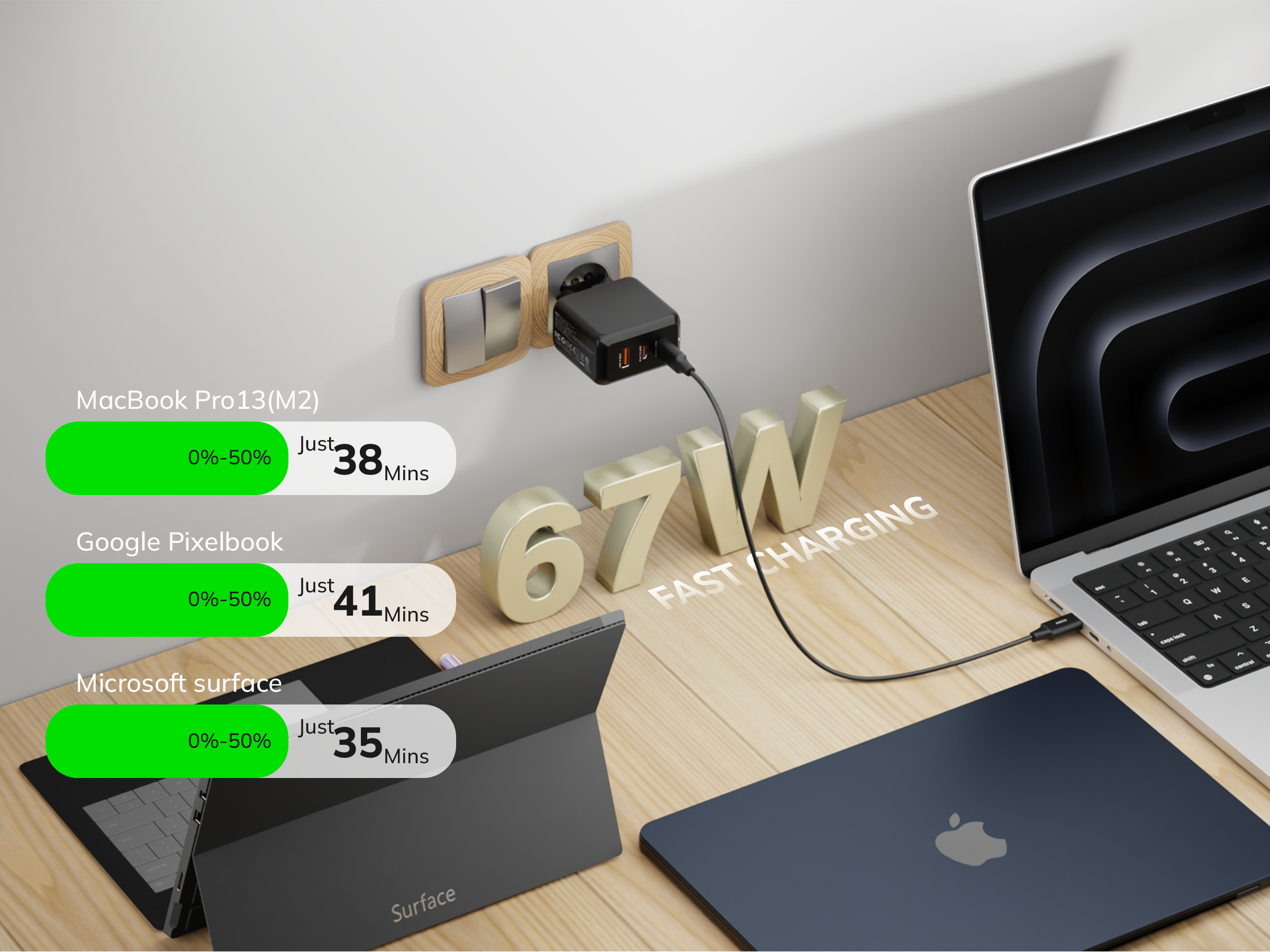 DEKO Ładowarka TRAVELER 67W GaN Fast - 2x USB-C 1x USB-A (DC673P2CABA) - Ładuj laptopa, tablet i telefon jednocześnie z DEKO TRAVELER 67W. Kompatybilna z większością urządzeń, wygodna i wydajna.