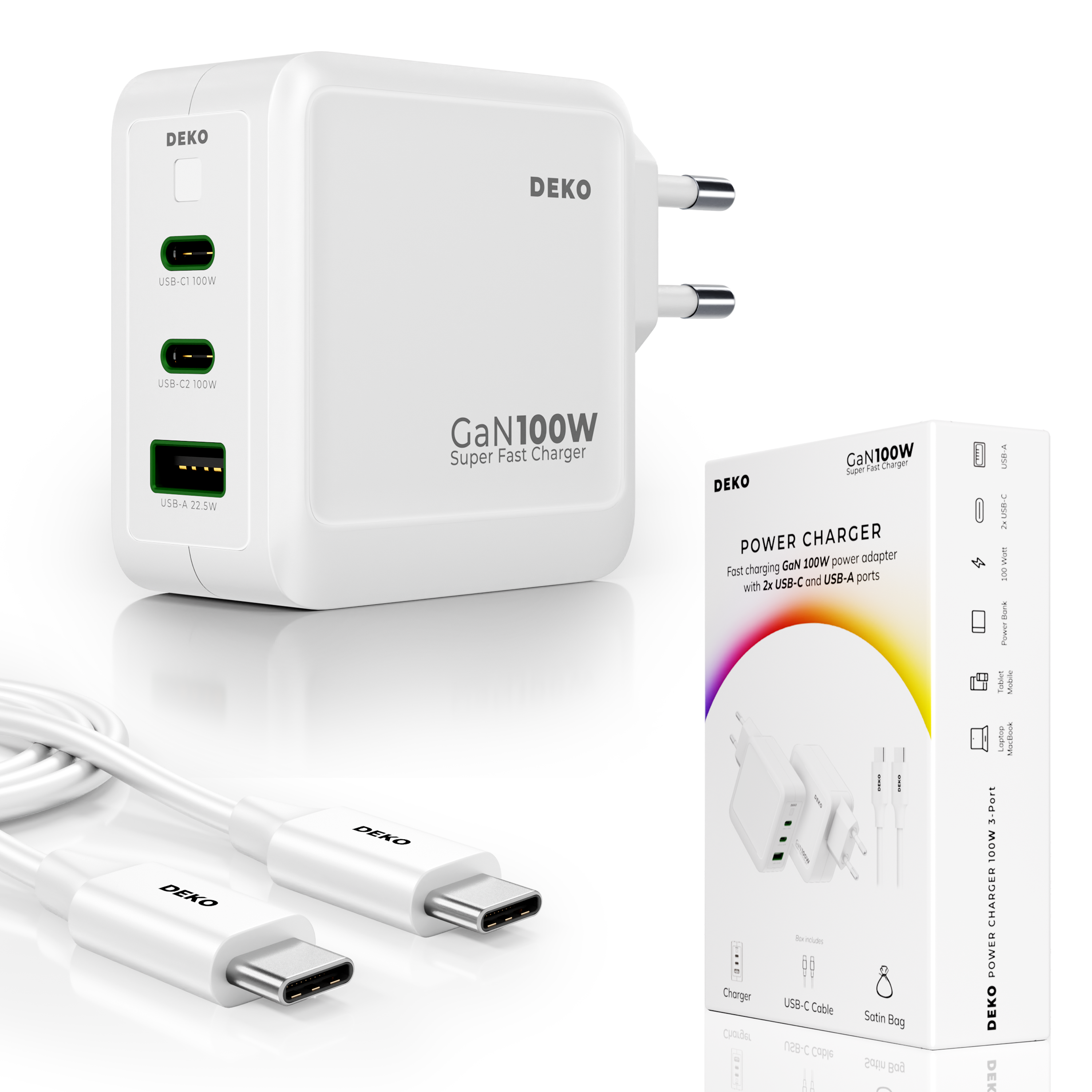 DEKO Ładowarka POWER 100W GaN Fast - 2x USB-C, 1x USB-A Biała (DC1003P2CAWA) - Ładuj jednocześnie laptop, tablet i telefon. Kompatybilna z MacBookami i Samsungami, oferuje moc do 100W na port USB-C.