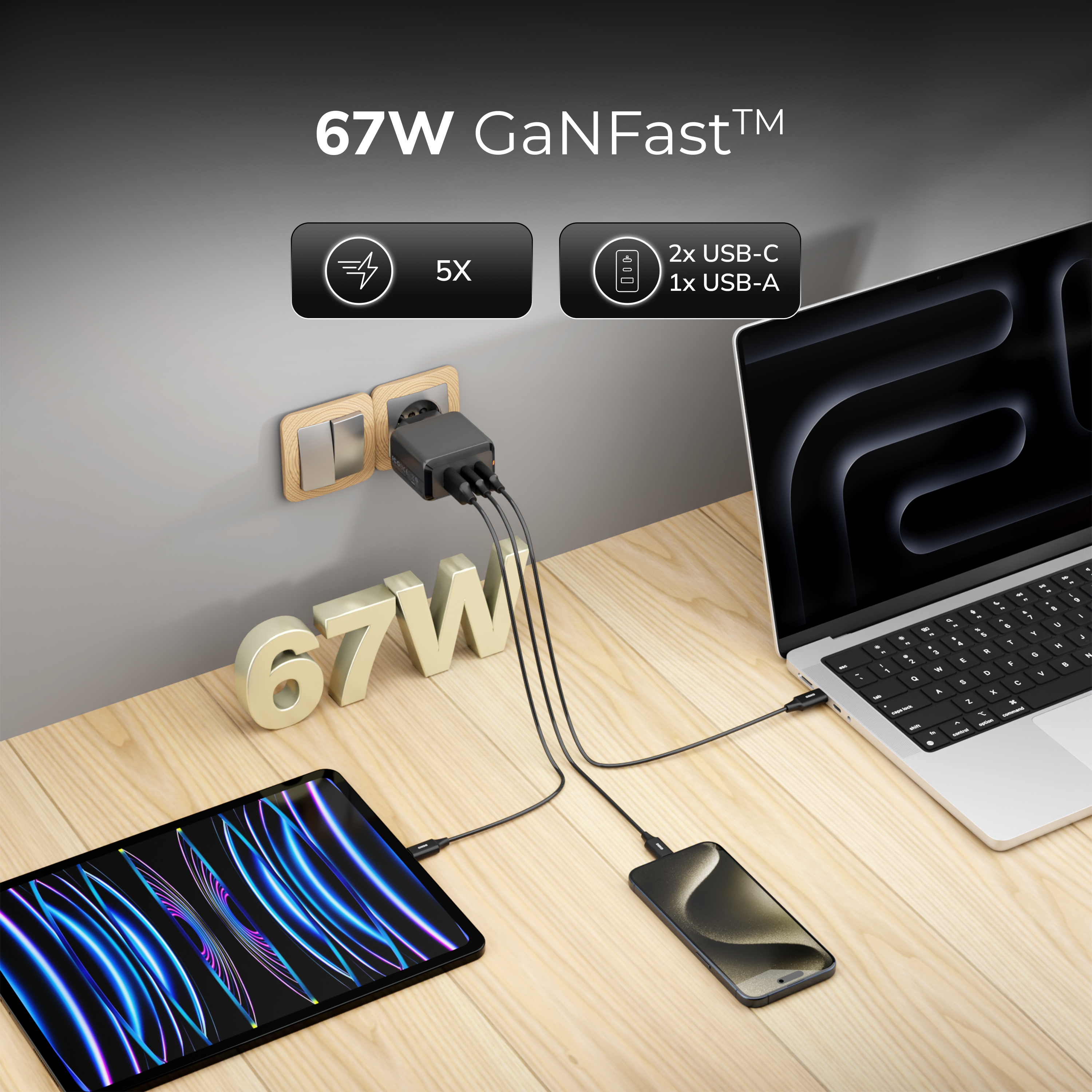 Ładowarka DEKO TRAVELER 67W GaN Fast - 2x USB-C 1x USB-A (Czarna) -  DEKO ELECTRONICS