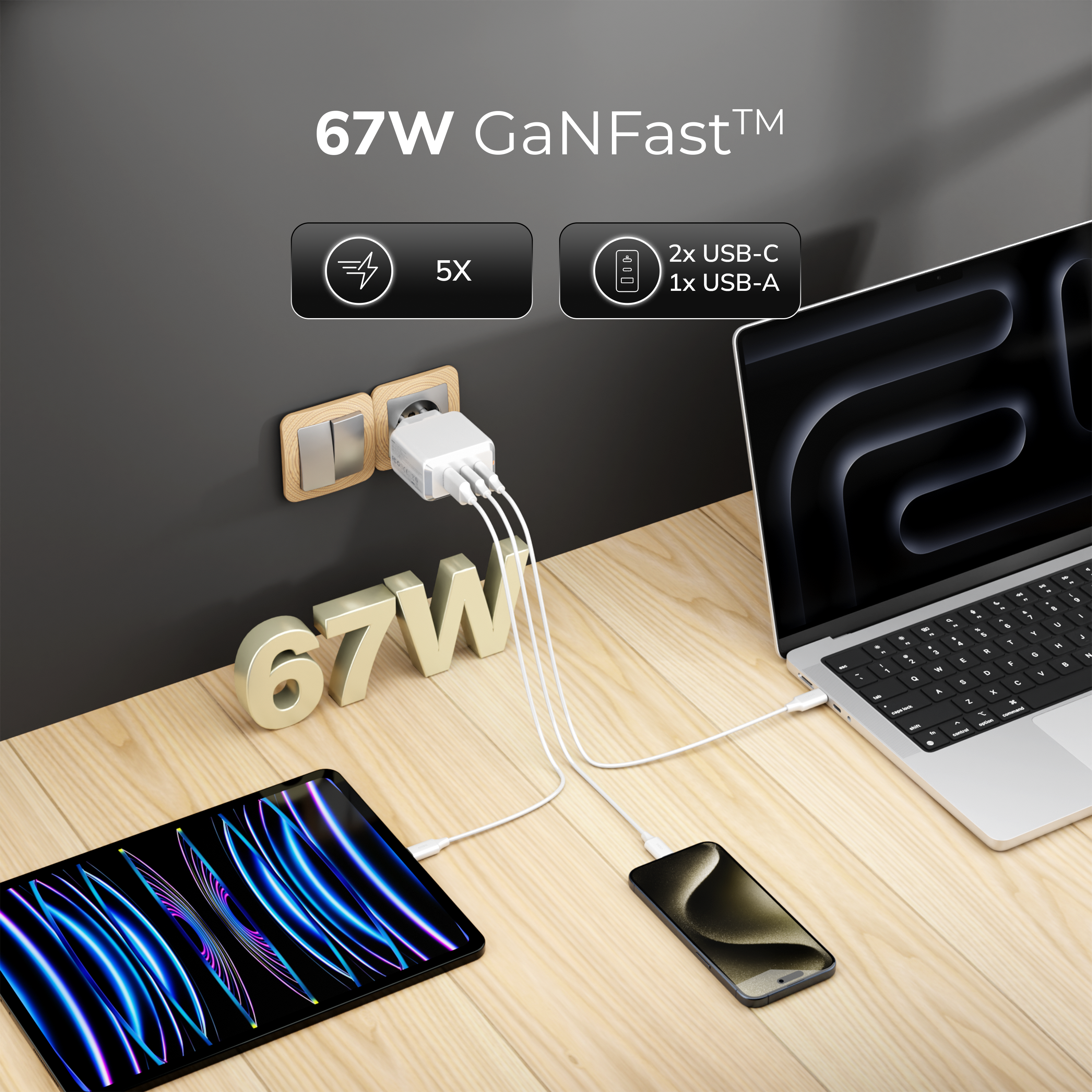 Ładowarka DEKO TRAVELER 67W GaN Fast - 2x USB-C 1x USB-A (Biała) -  DEKO ELECTRONICS