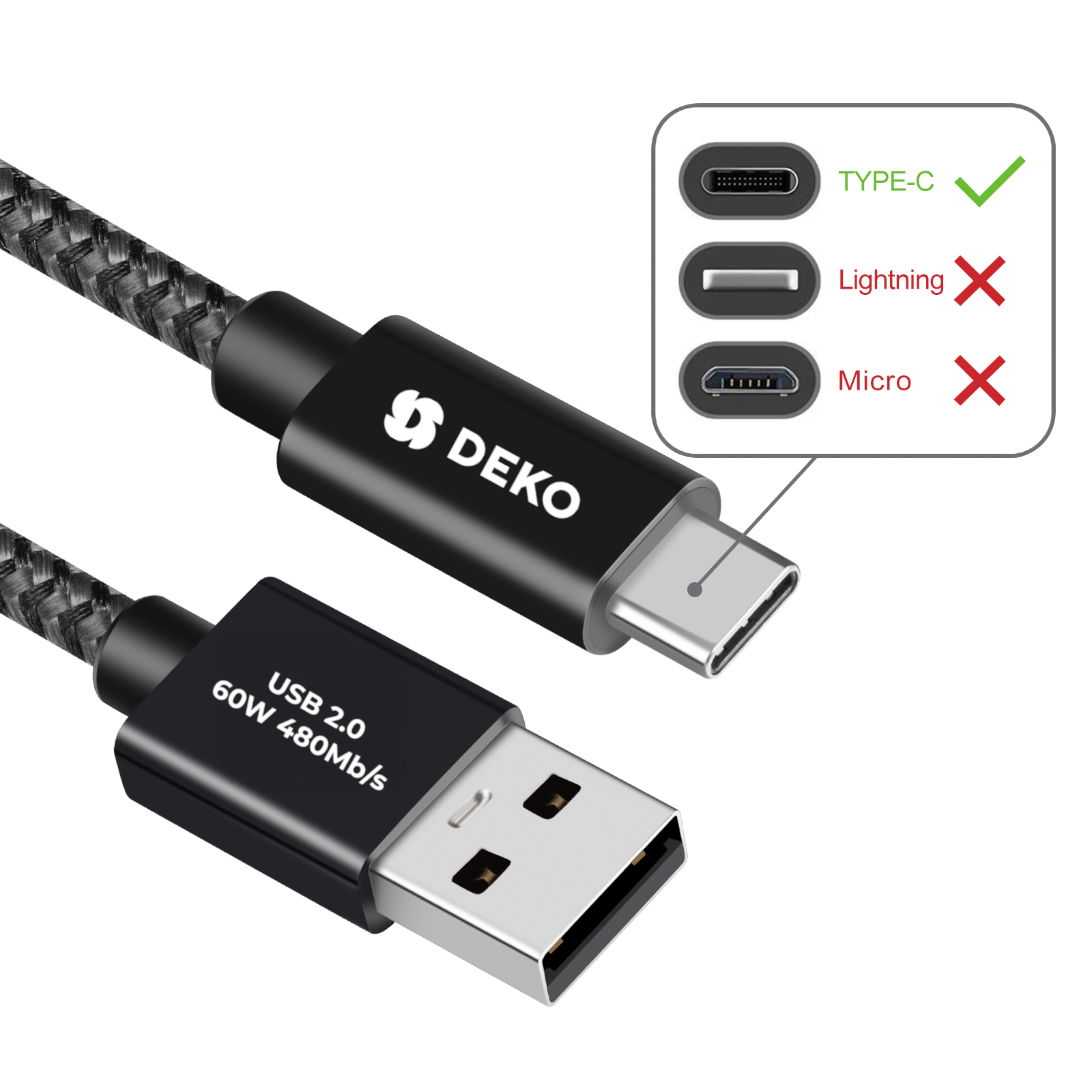 DEKO Kabel USB-C USB 2.0 (60W, 480Mb/s)