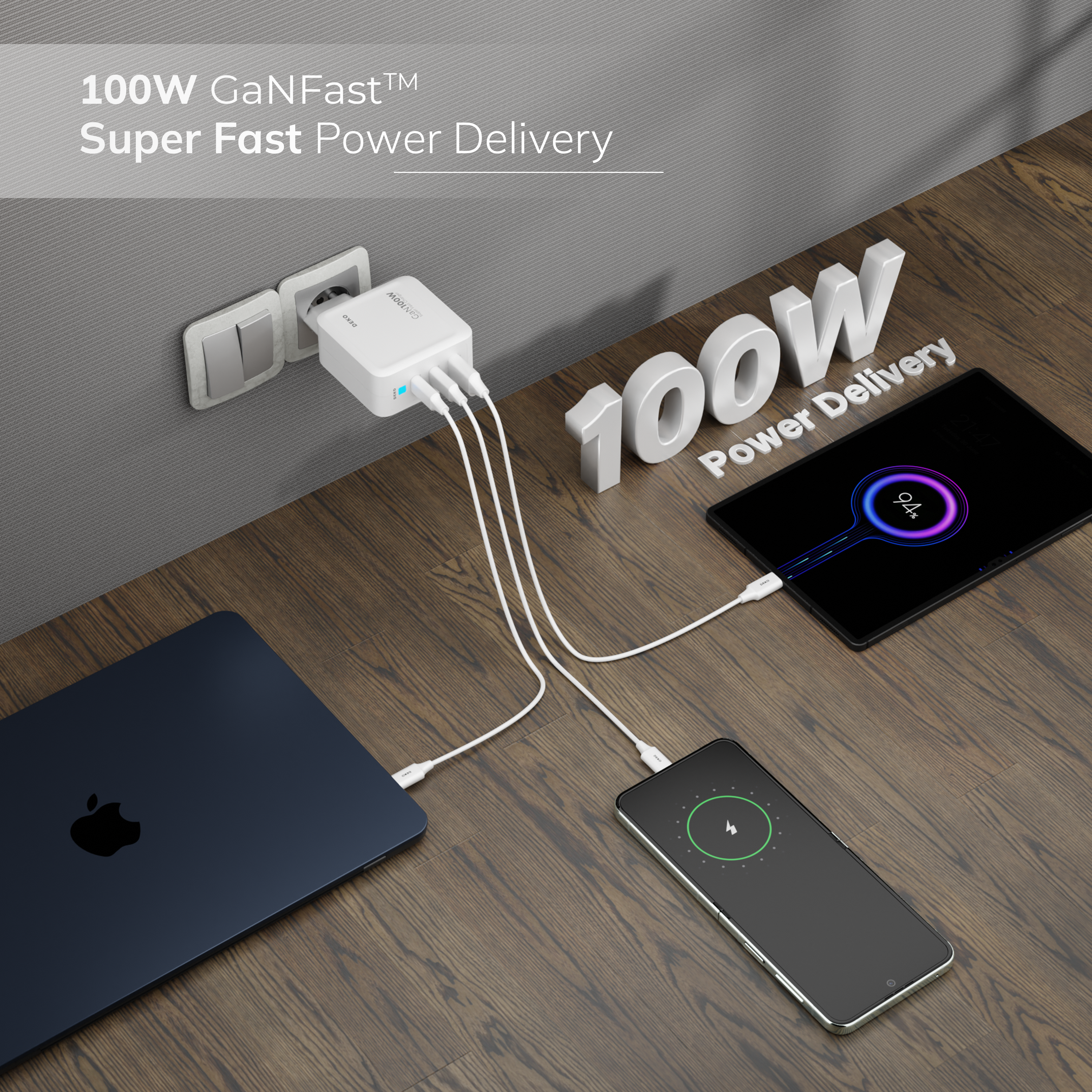 DEKO Ładowarka POWER 100W GaN Fast - 2x USB-C, 1x USB-A Biała (DC1003P2CAWA) - Ładuj jednocześnie laptop, tablet i telefon. Kompatybilna z MacBookami i Samsungami, oferuje moc do 100W na port USB-C.