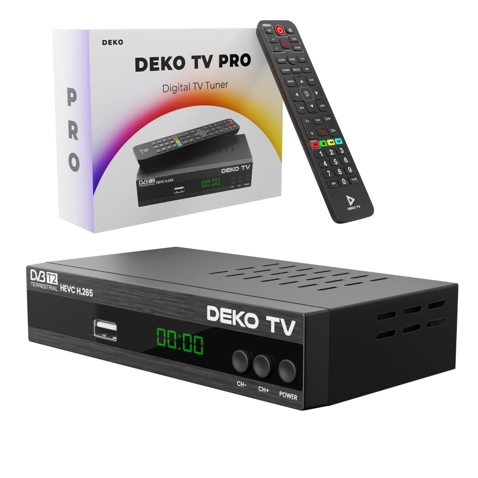 DEKO Dekoder DEKO TV PRO (Tuner DVB-T2) - Dekoder DEKO TV PRO. Odbierz wszystkie kanały DVB-T2 HEVC w FullHD. Uniwersalna kompatybilność i funkcje PVR. Idealny wybór dla każdego telewizora!