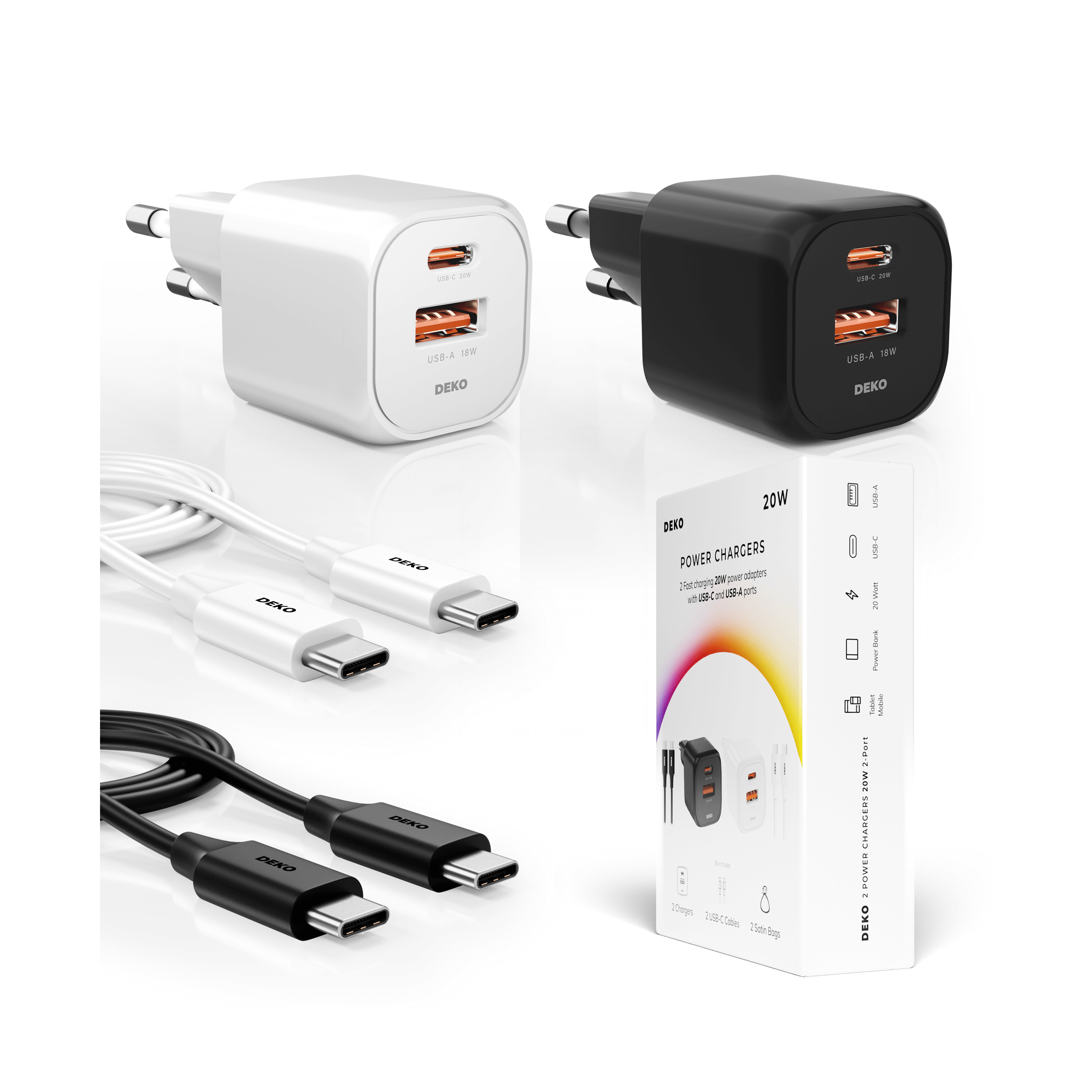 Ładowarka DEKO NANO 20W GaN Fast - 1x USB-C 1x USB-A (wielopak - czarna i biała) -  DEKO ELECTRONICS