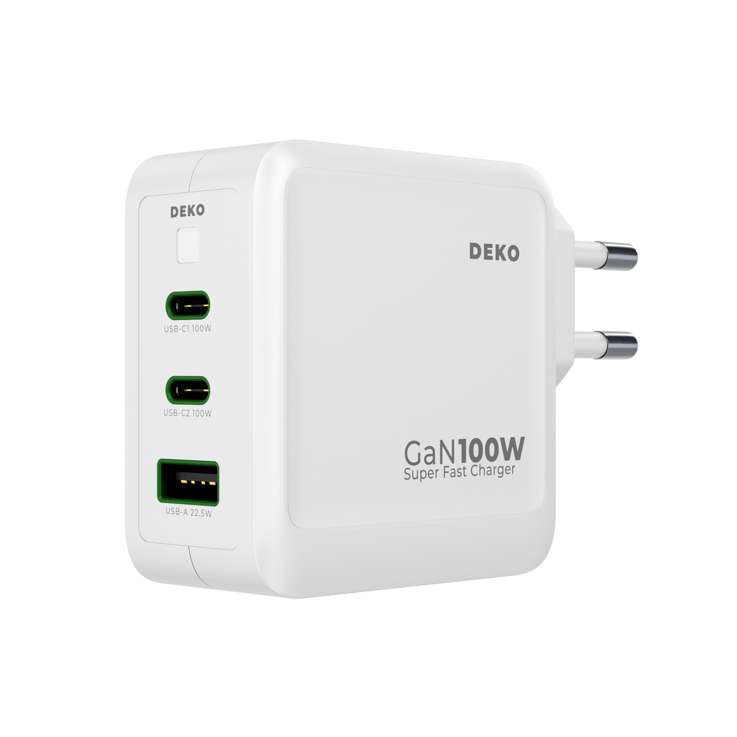 DEKO Ładowarka POWER 100W GaN Fast - 2x USB-C, 1x USB-A Biała (DC1003P2CAWA) - Ładuj jednocześnie laptop, tablet i telefon. Kompatybilna z MacBookami i Samsungami, oferuje moc do 100W na port USB-C.