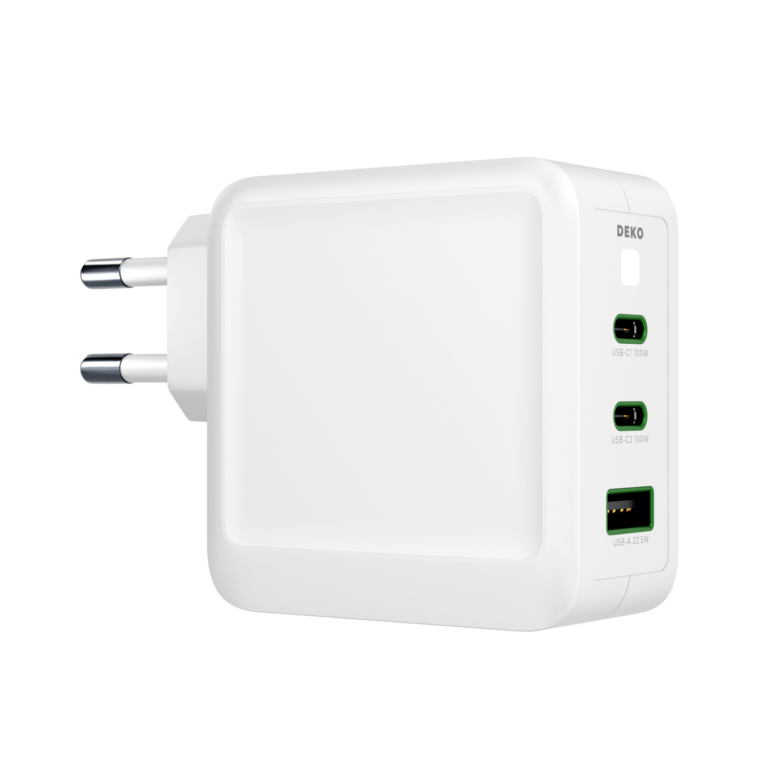 DEKO Ładowarka POWER 100W GaN Fast - 2x USB-C, 1x USB-A Biała (DC1003P2CAWA) - Ładuj jednocześnie laptop, tablet i telefon. Kompatybilna z MacBookami i Samsungami, oferuje moc do 100W na port USB-C.