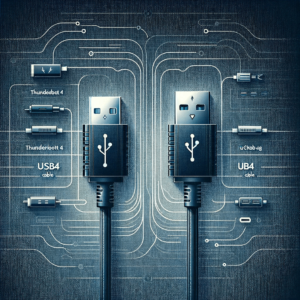 Porównanie kabla Thunderbolt 4 DEKO i kabla USB4 DEKO umieszczone obok siebie na subtelnie technologicznym tle, ilustrujące różnice w standardach zaawansowanej łączności firmy DEKO dla artykułów o technologii